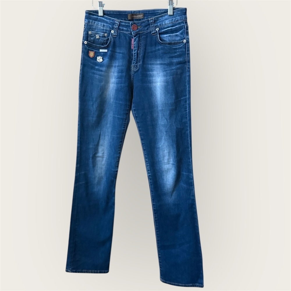 DSQUARED2 Dark Blue Straight Leg Jeans pin and logo details size 30 y2k EUC